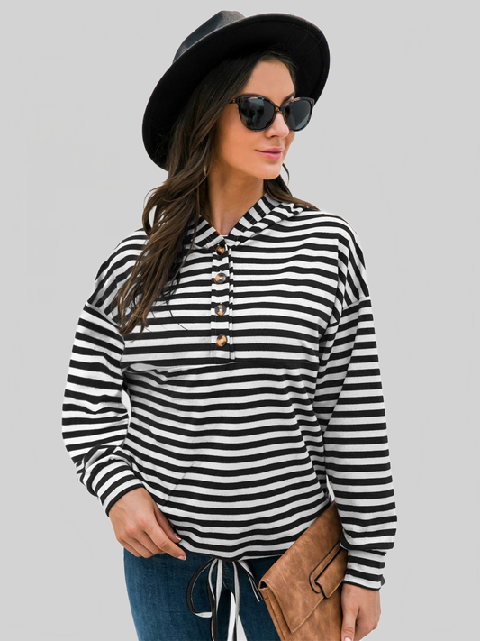 NicholesGifts Women Striped Half-Button Dropped Shoulder Hoodie NicholesGifts