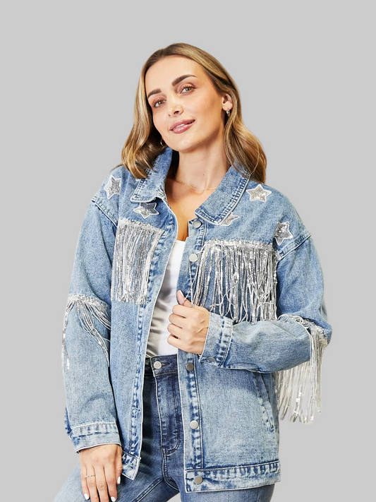 Fringe Detail Long Sleeve Denim Jacket NicholesGifts