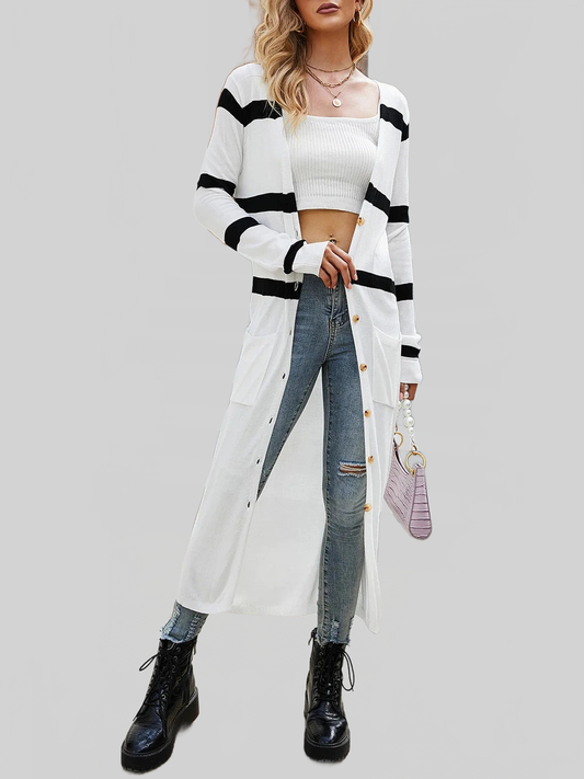 Women Pocketed Striped Button Up Cardigan nicholesgifts
