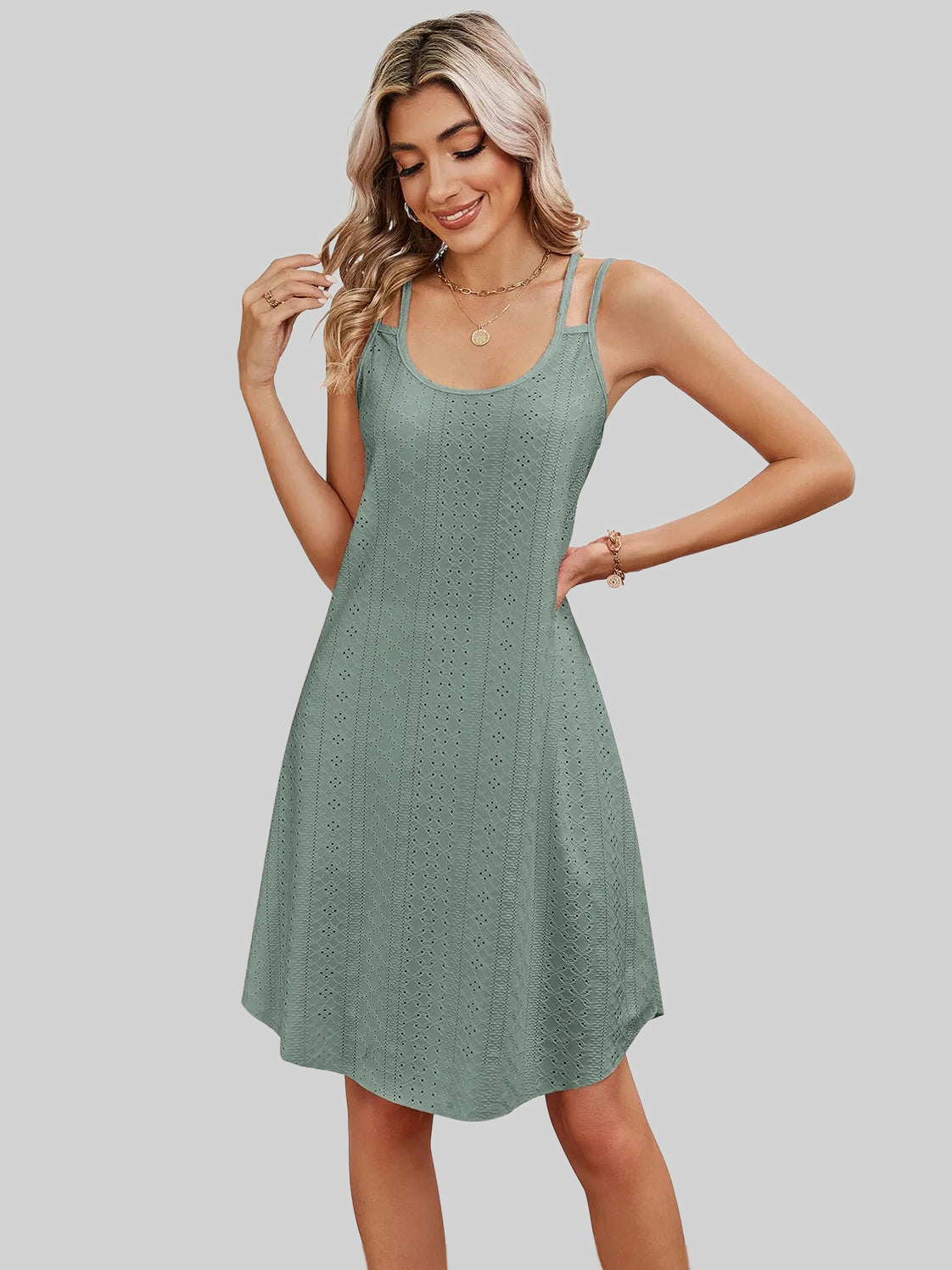 Eyelet Scoop Neck Double Strap Dress nicholesgifts