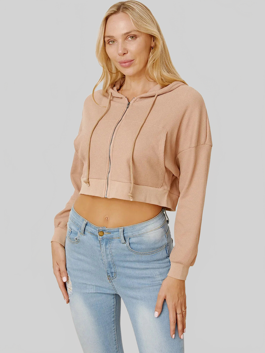 Waffle-Knit Drawstring Zip Up Hoodie nicholesgifts