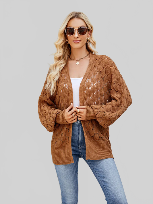 Women Openwork Open Front Lantern Sleeve Cardigan nicholesgifts