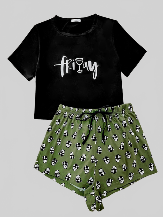 Graphic Tee and Panda Print Shorts Lounge Set nicholesgifts