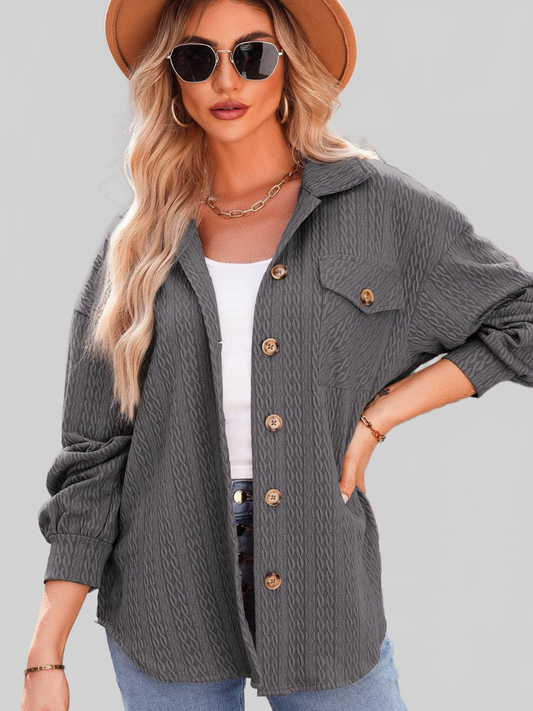 Women Textured Button Up Long Sleeve Shacket NicholesGifts