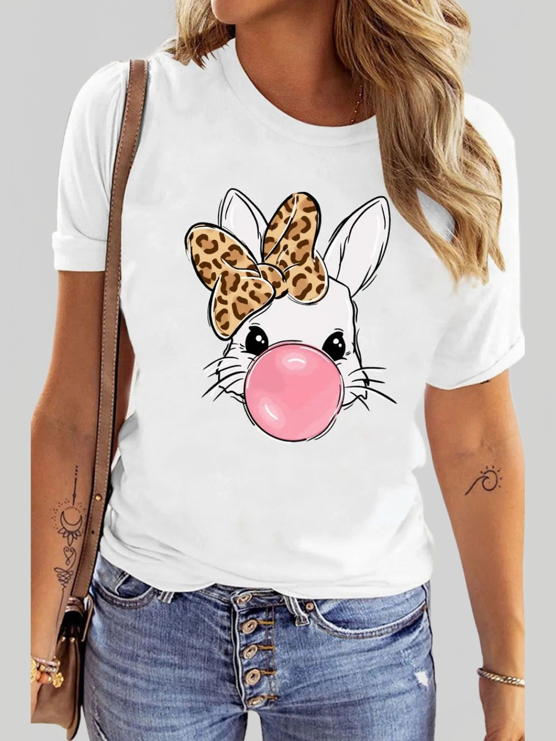 Leopard Bow Rabbit Graphic Round Neck Short Sleeve T-Shirt Trendsi
