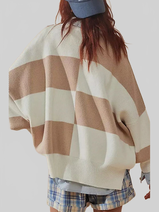 NicholesGifts Women Color Block Round Neck Long Sleeve Sweater nicholesgifts