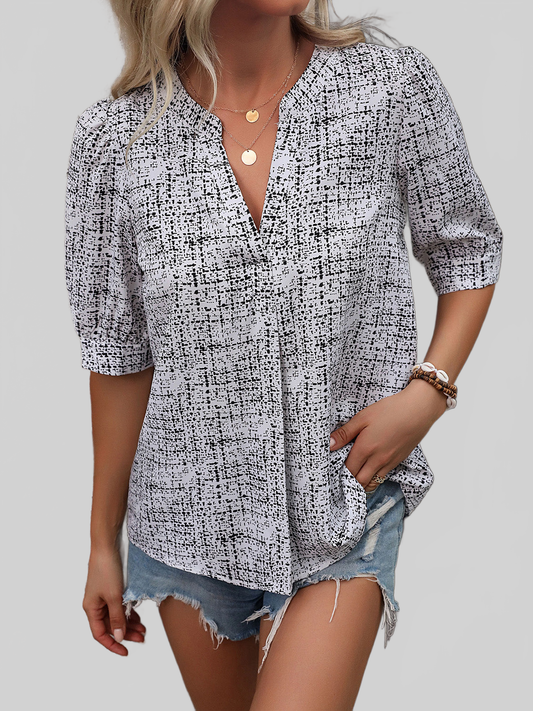 Printed Notched Half Sleeve Blouse nicholesgifts