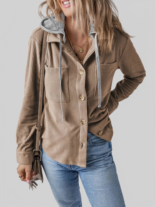 Drawstring Button Up Long Sleeve Hooded Jacket nicholesgifts