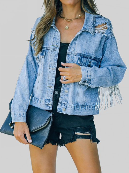Distressed Fringe Denim Jacket NicholesGifts