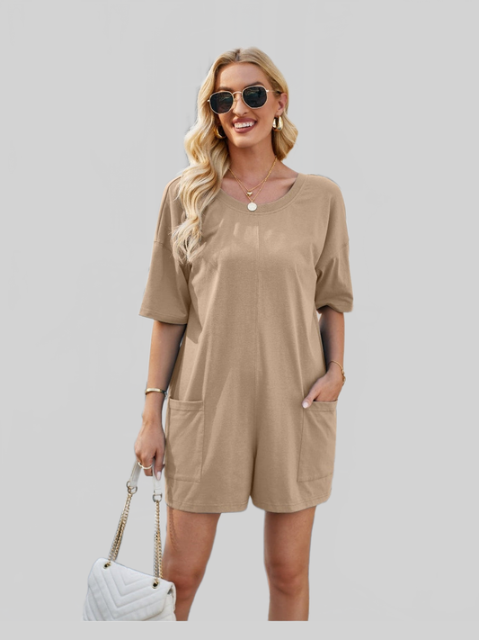 Backless Pocketed Round Neck Half Sleeve Romper NicholesGifts