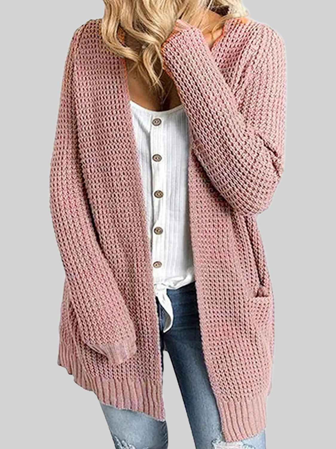 Rib-Knit Open Front Pocketed Cardigan nicholesgifts