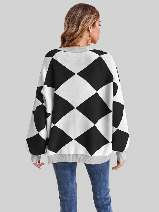 Women Geometric Lantern Sleeve Cardigan with Pockets nicholesgifts