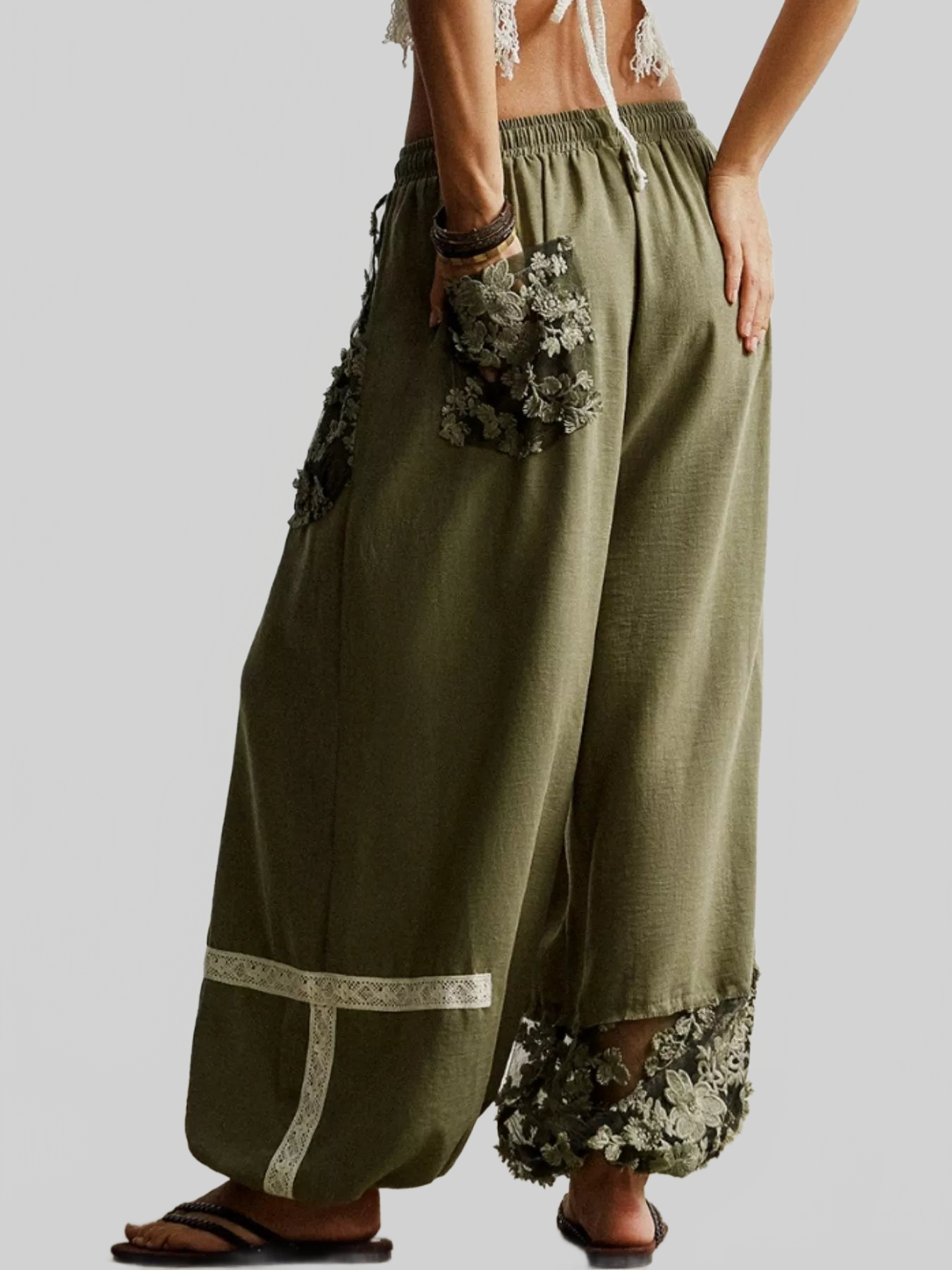 Women Lace Detail Drawstring Harem Pants nicholesgifts