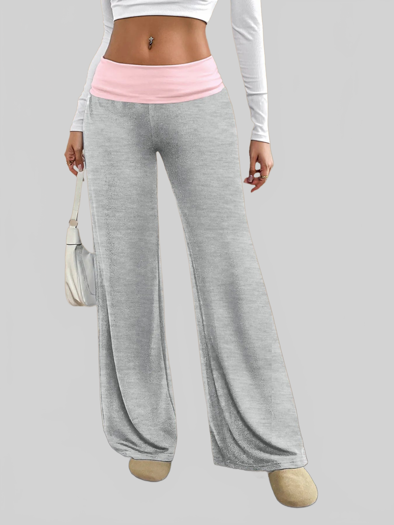 Women Contrast Waistband Wide Leg Pants nicholesgifts