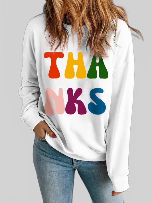 THANKS Round Neck Long Sleeve Sweatshirt nicholesgifts
