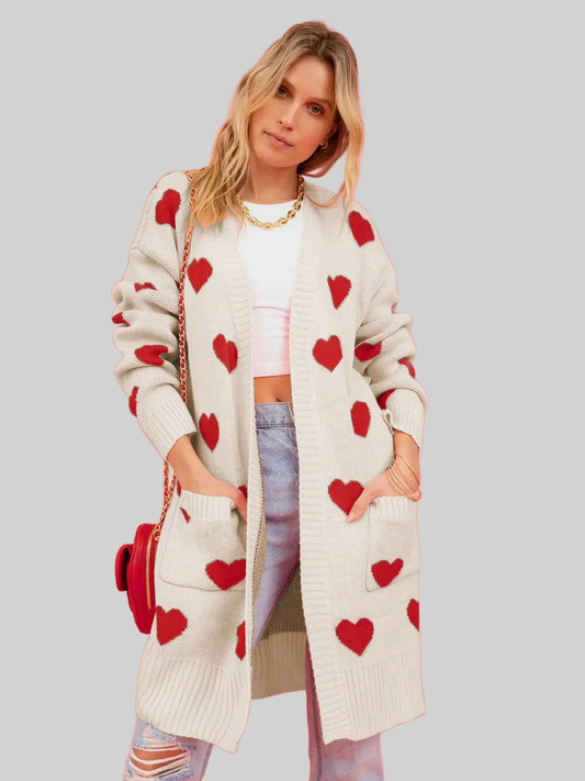 Women Heart Graphic Open Front Cardigan with Pockets nicholesgifts