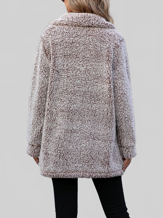 Pocketed Collared Neck Long Sleeve Plush Jacket nicholesgifts