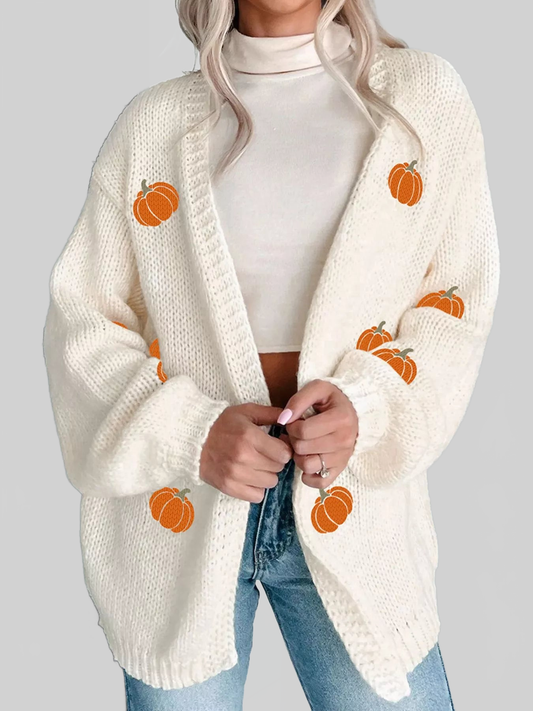 Women Halloween Pumpkin Embroidered Knit Cardigan nicholesgifts
