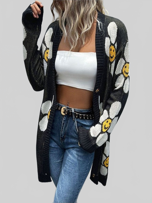 Women Floral Button Down Longline Cardigan NicholesGifts