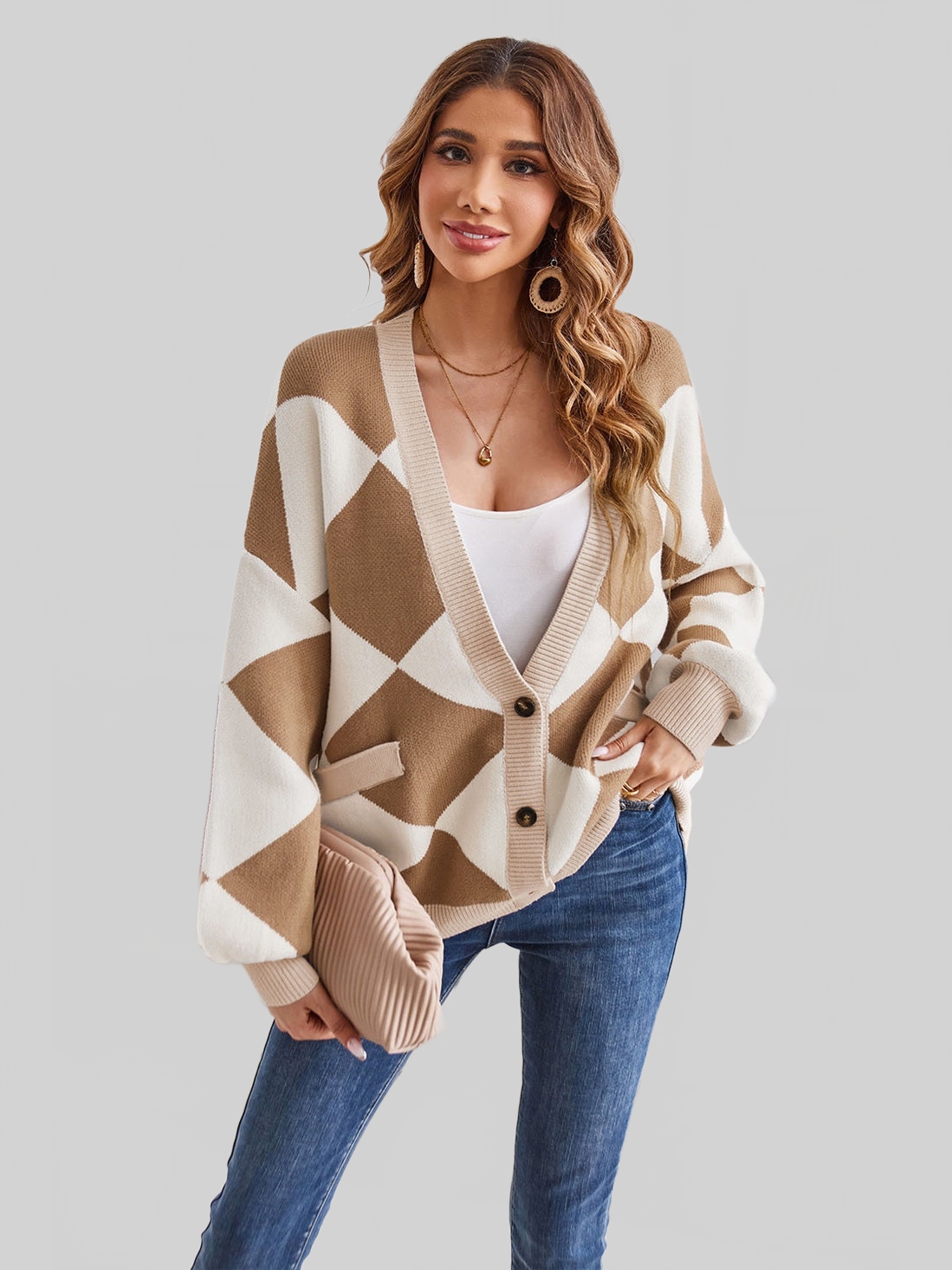 Geometric Lantern Sleeve Cardigan with Pockets NicholesGifts