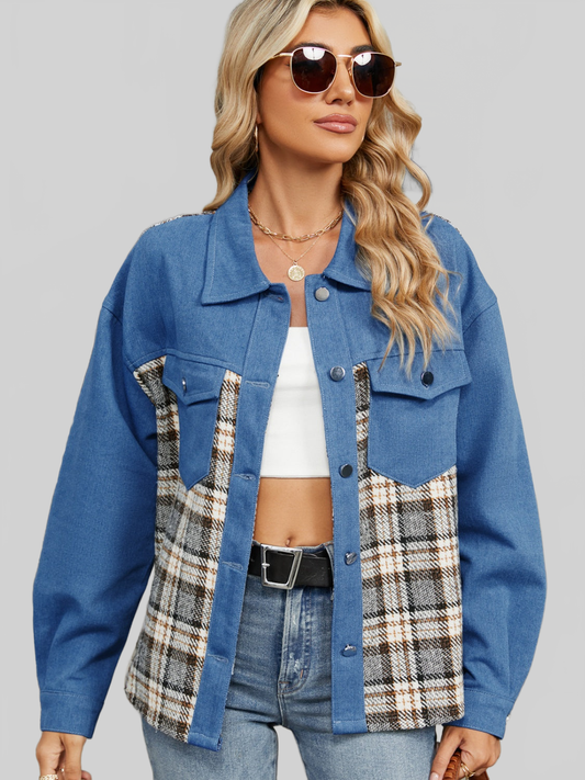 Plaid Button Up Long Sleeve Denim Jacket NicholesGifts