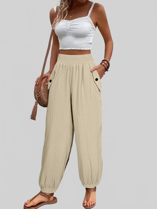 Women Smocked Textured Casual Pants nicholesgifts