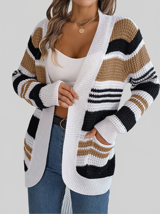 Women Striped Open Front Long Sleeve Cardigan nicholesgifts