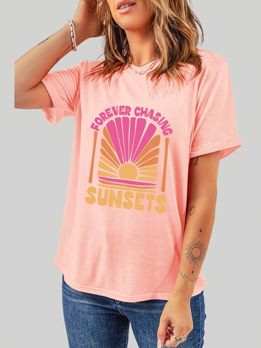 Women Forever Chasing Sunsets Round Neck T-Shirt nicholesgifts