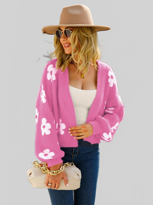 Women Floral Open Front Fuzzy Cardigan Sweater NicholesGifts