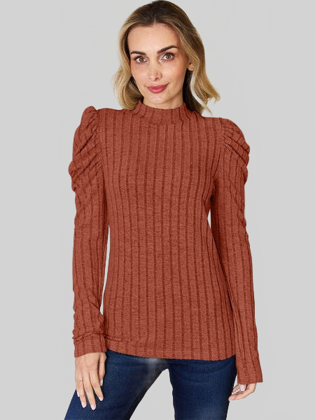 Women Basic Full Size Ribbed long-sleeve t-shirt in rust color with puff sleeves and mock neck, featuring ruched details and slight stretch.