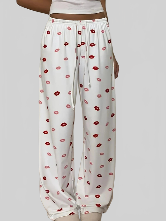 Women Lips Print Wide Leg Pants nicholesgifts