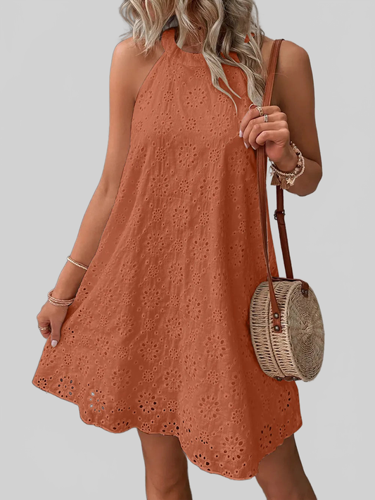 Eyelet Grecian Neck Mini Dress nicholesgifts