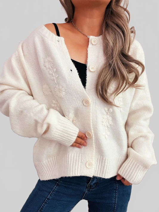 Flower Button Up Ribbed Hem Cardigan nicholesgifts