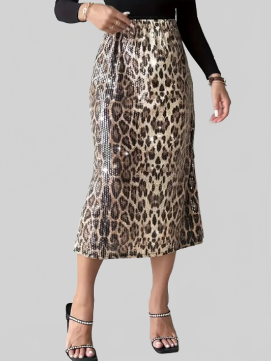 Women Sequin Leopard Midi Skirt nicholesgifts