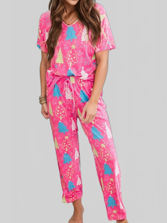 Printed V-Neck Short Sleeve Top and Pants Lounge Set nicholesgifts