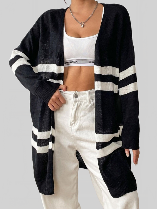 Women Striped Open Front Dropped Shoulder Cardigan NicholesGifts