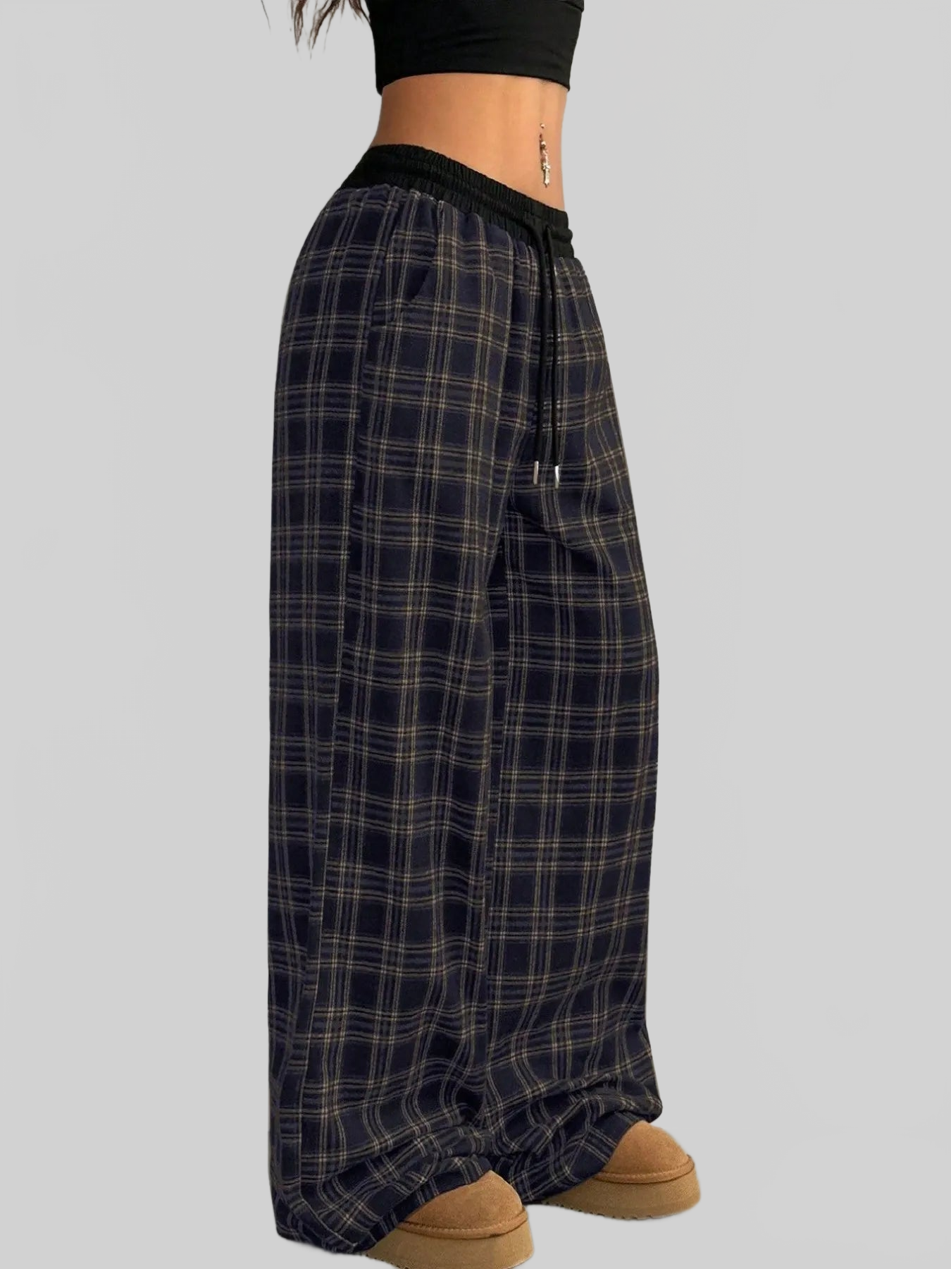 Women Plaid Wide Leg Pants with Drawstring Waist nicholesgifts