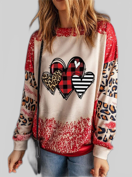 Women Heart Leopard Round Neck Valentine's Day Sweatshirt NicholesGifts