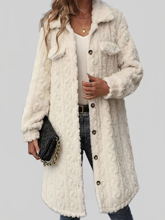 NicholesGifts Women Fuzzy Button Up Long Sleeve Longline Coat NicholesGifts