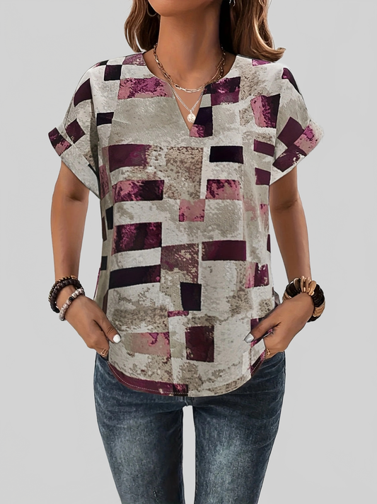 Women Printed Notched Short Sleeve Blouse NicholesGifts