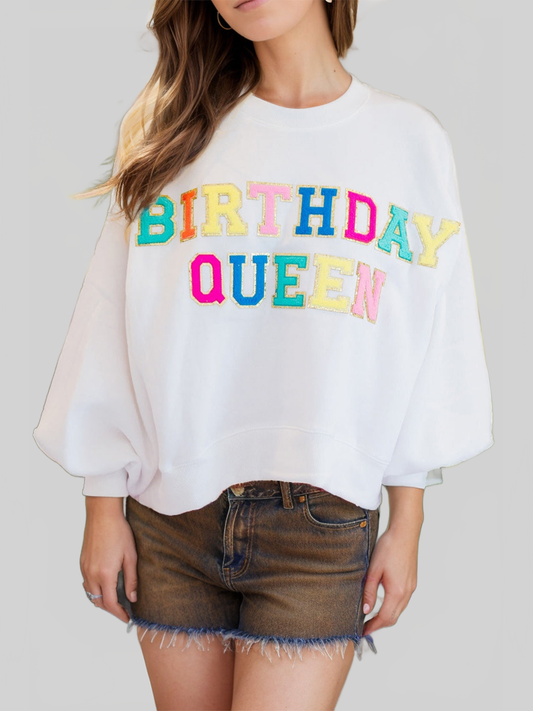 Women Birthday Queen Sequin Round Neck Long Sleeve Sweatshirt nicholesgifts