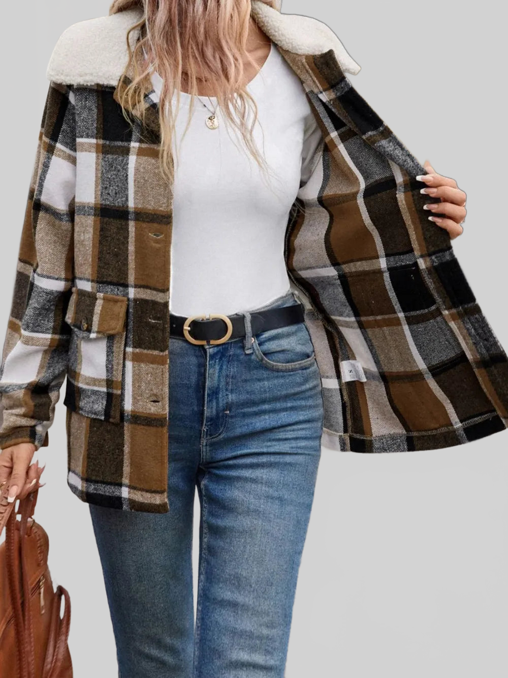 Perfee Pocketed Plaid Button Up Collared Neck Jacket nicholesgifts