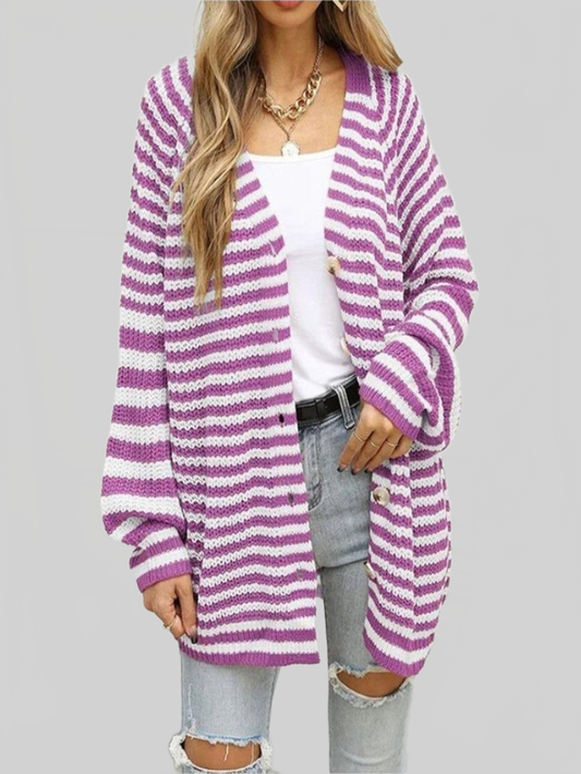 NicholesGifts Women Striped Button Down Long Sleeve Cardigan NicholesGifts