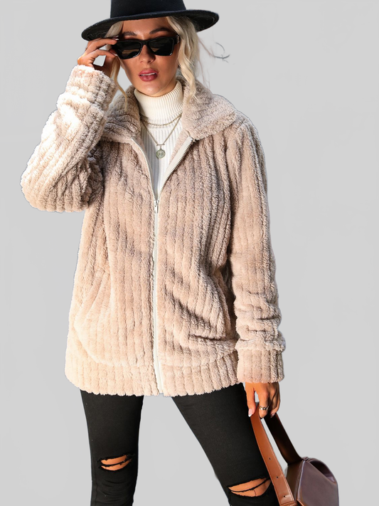 NicholesGifts Women Zip-Up Collared Ribbed Jacket NicholesGifts