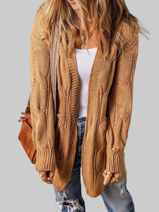 NicholesGifts Women Cable-Knit Dropped Shoulder Slit Cardigan NicholesGifts