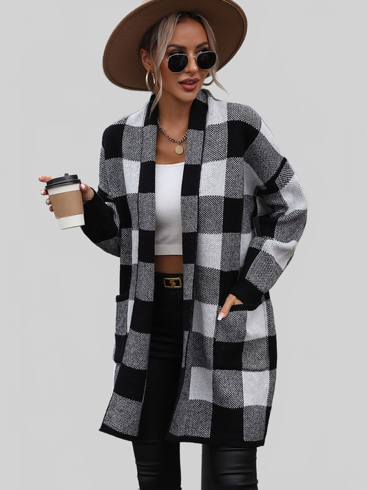 Women Plaid Dropped Shoulder Cardigan with Pocket NicholesGifts