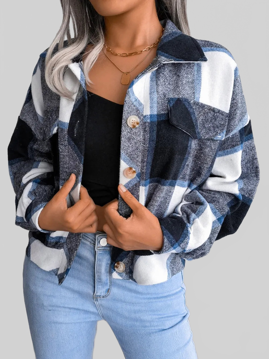 Plaid Collared Neck Long Sleeve Jacket nicholesgifts