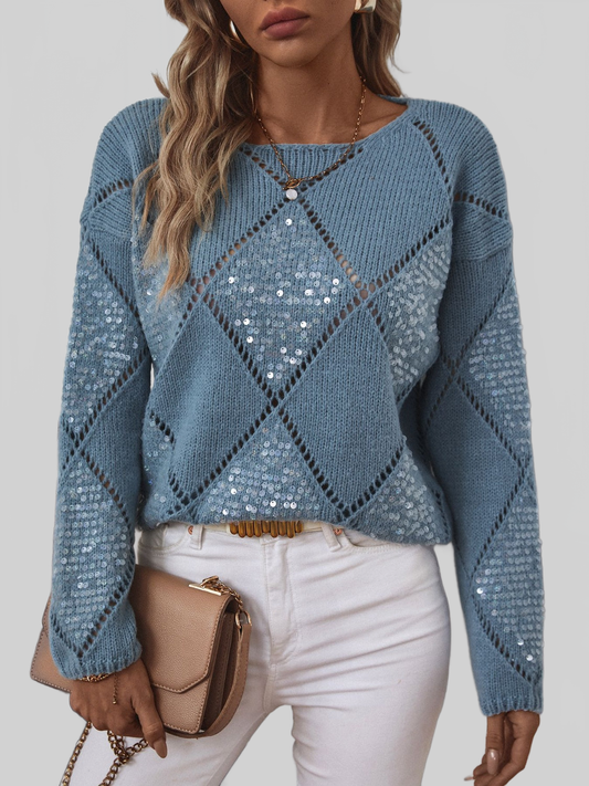 Women Openwork Round Neck Long Sleeve Knit Top nicholesgifts