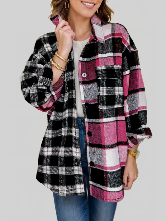 Women Pocketed Plaid Collared Neck Long Sleeve Shacket NicholesGifts
