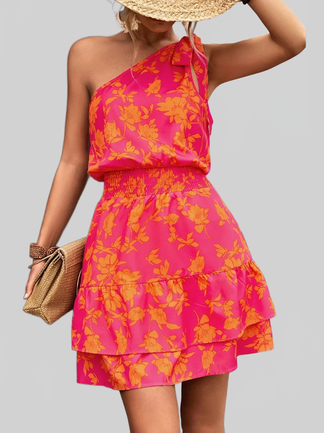 Tied Smocked Printed Single Shoulder Dress nicholesgifts